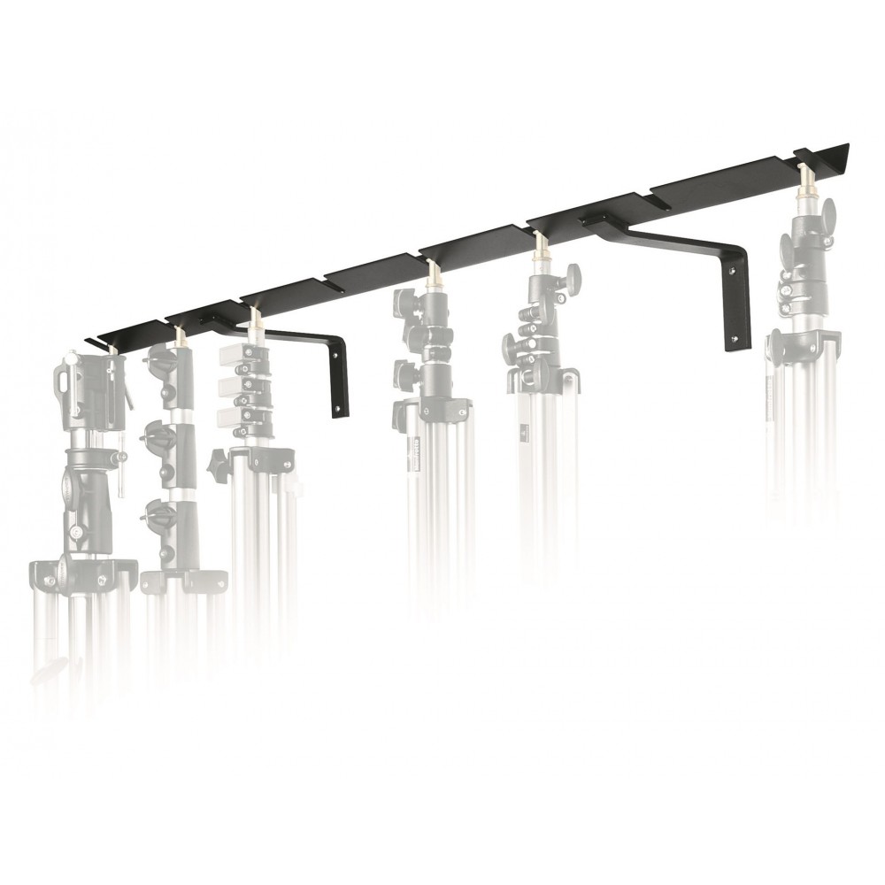 BACKWall Mounted Stand Holder for 8 Stands Manfrotto - 
holds 8 light stands
holes are spaced 25.3'' apart and the depth is 7.4'