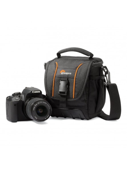 Adventura SH 120 II Lowepro - 
Fits compact DSLR with attached kit lens
Customize fit with adjustable divider system in main com