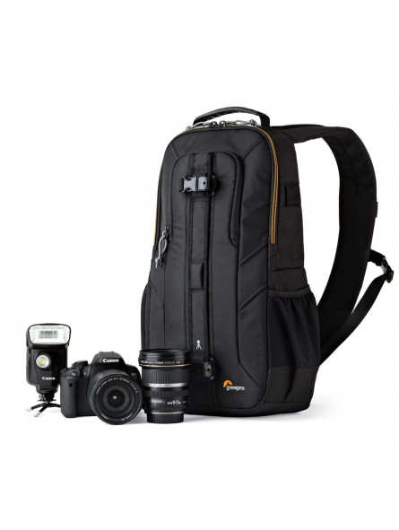 Slingshot Edge 250 AW Black Lowepro - 
Compact DSLR with attached lens (like 18-200mm) plus extra lens
Room for personal gear su