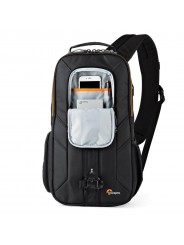 Slingshot Edge 250 AW Black Lowepro - 
Compact DSLR with attached lens (like 18-200mm) plus extra lens
Room for personal gear su