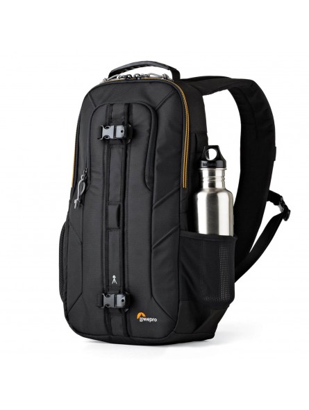 Slingshot Edge 250 AW Black Lowepro - 
Compact DSLR with attached lens (like 18-200mm) plus extra lens
Room for personal gear su