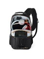 Slingshot Edge 250 AW Black Lowepro - 
Compact DSLR with attached lens (like 18-200mm) plus extra lens
Room for personal gear su