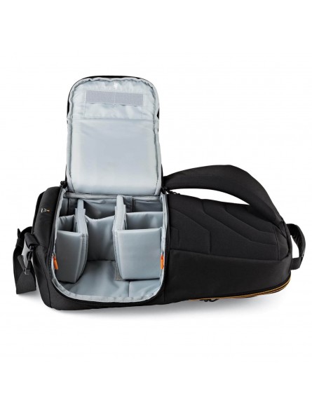 Slingshot Edge 250 AW Black Lowepro - 
Compact DSLR with attached lens (like 18-200mm) plus extra lens
Room for personal gear su