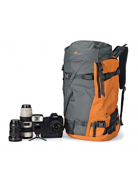 Powder BP 500 AW Grey/Orange Lowepro - 
Fits Standard DSLR and Pro Mirrorless cameras and lenses
Secure, body-side access
50% of