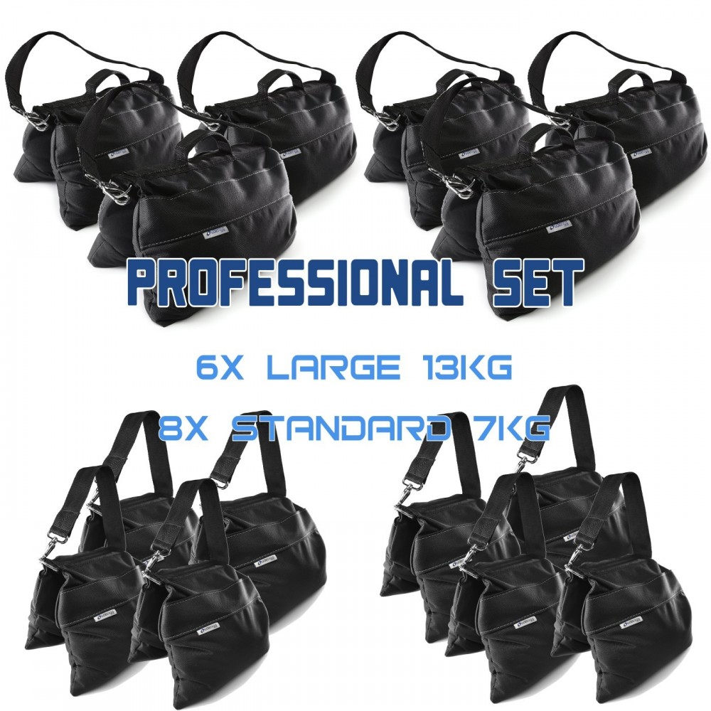 Sandsack Profi Set (6x 13kg + 8x 7kg) Udengo - 
Sehr solide Konstruktion, hohe Haltbarkeit (zertifiziert)
Taschen geschützt mit 