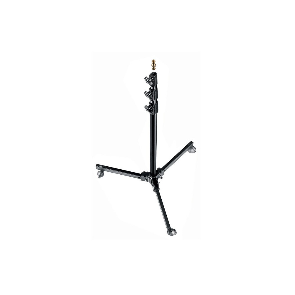 Schwarzes Baby Studio-Stativ Manfrotto - 
Schwarzer Stahlsockel, silber eloxierte Aluminiumteile
Geliefert mit Rädern
Drei