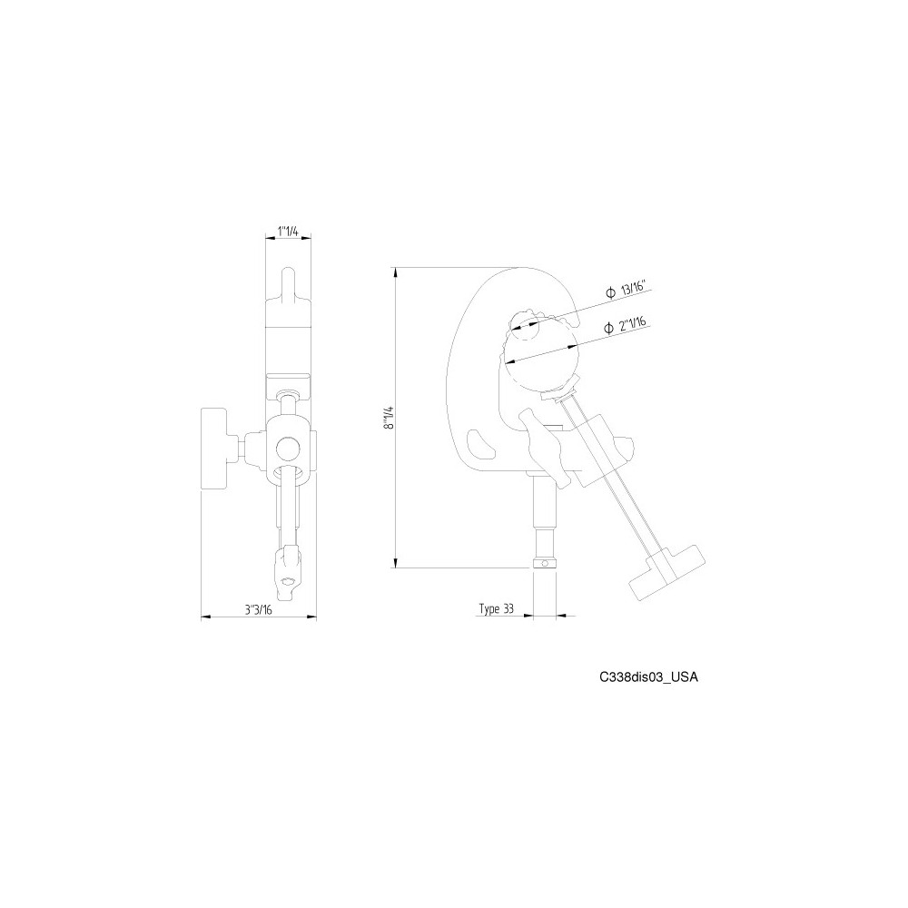 Quick Action Baby Clamp with 16 mm Pin Avenger - 
Load capacity: 50kg
Pipe size 20-52mm
Aluminum construction
Includes dedicated